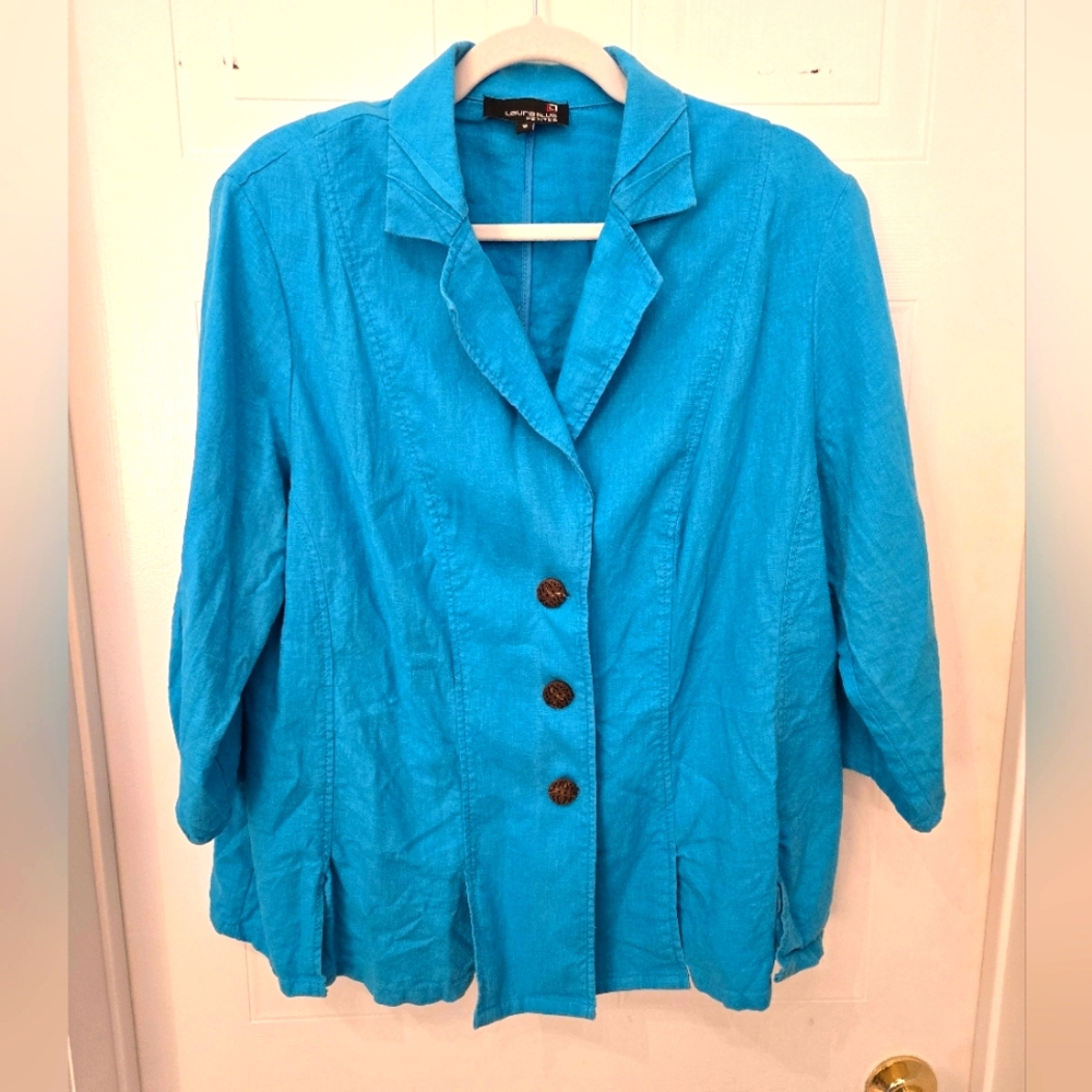 Laura Plus Petites 16 Teal Blue Linen Jacket With Wood Accents